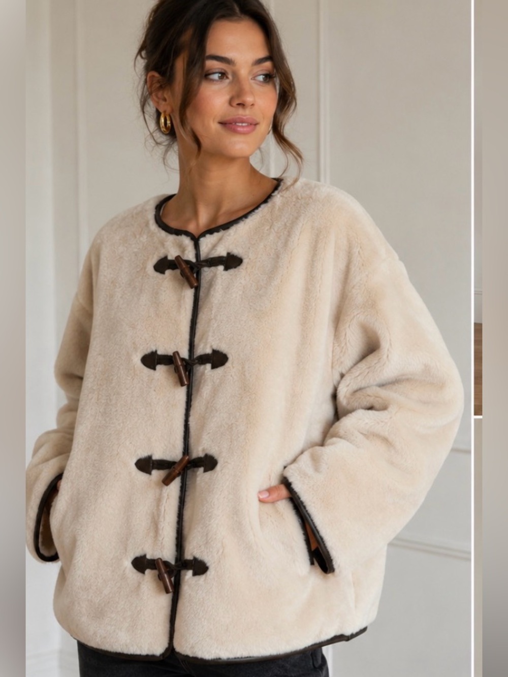 Saltwater Luxe Cream Faux Shearling Toggle Coat size small